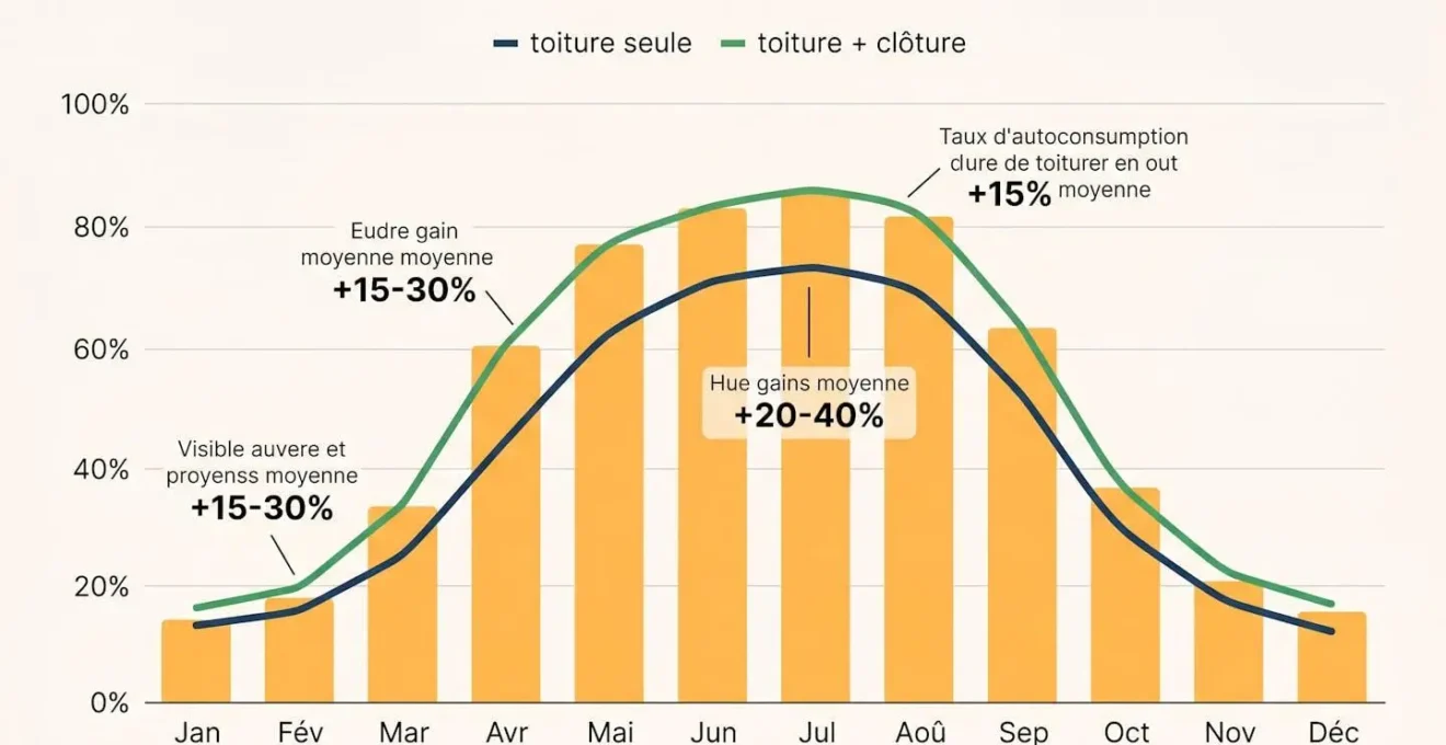 Graphique comparatif montrant l'évolution du taux d'autoconsommation sur 12 mois : toiture seule (bleu) versus toiture plus clôture solaire (vert), avec gains visibles de 15 à 30 pourcents