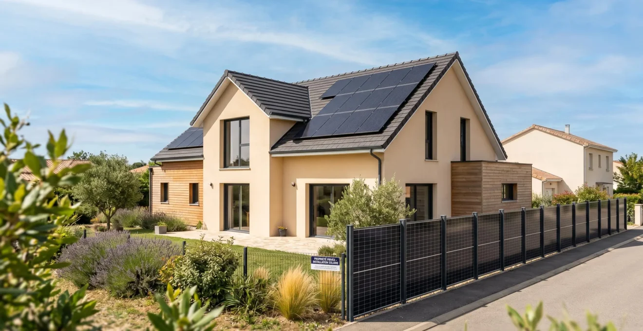 Maison périurbaine avec double installation photovoltaïque : panneaux solaires en toiture et clôture solaire le long du jardin sud sous ciel ensoleillé