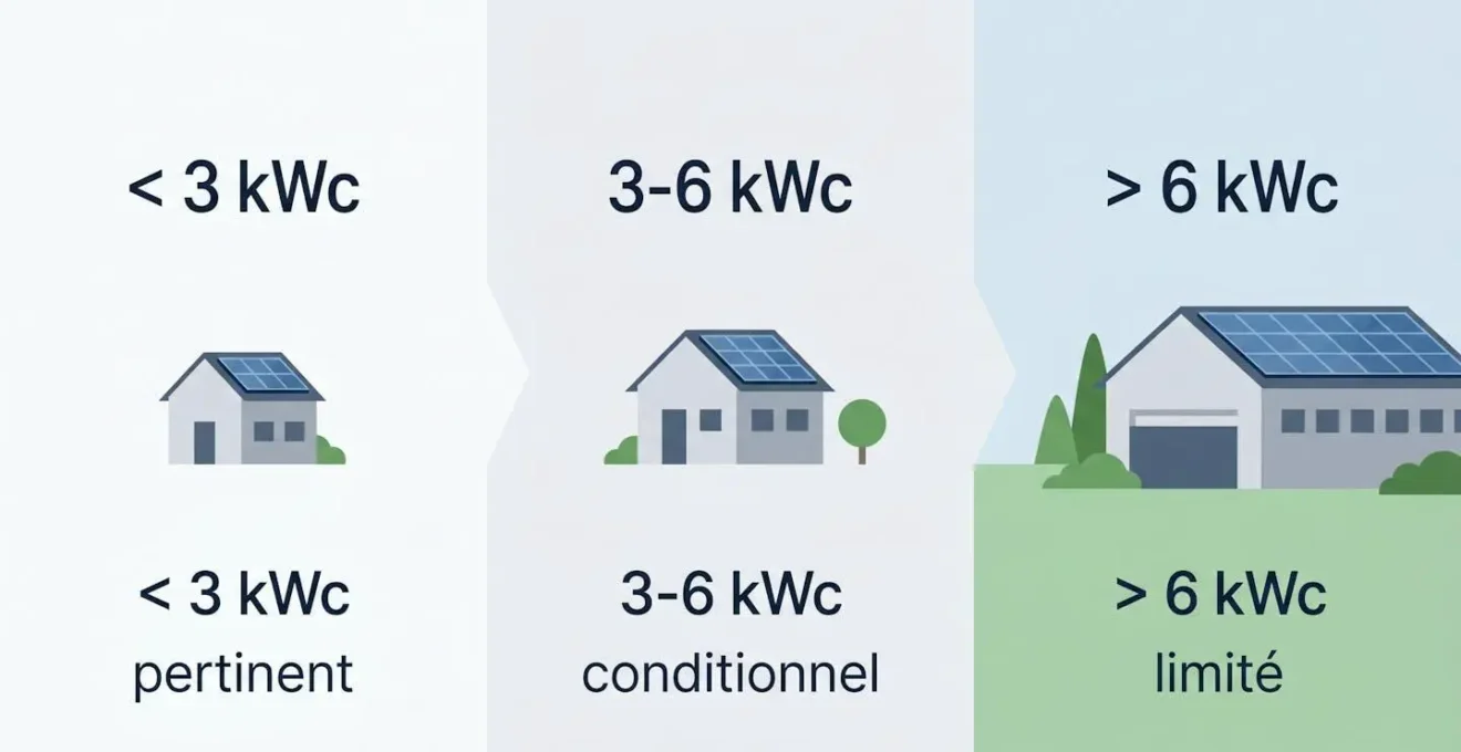 Schéma décisionnel horizontal montrant trois scénarios d'installation selon puissance toiture : moins de 3 kWc (clôture très pertinente), 3 à 6 kWc (conditionnelle), plus de 6 kWc (usage limité)