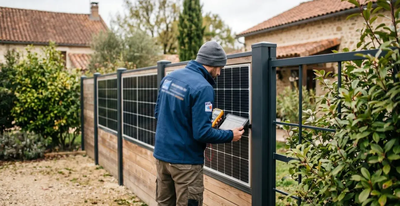Technicien certifié RGE inspectant des panneaux solaires intégrés dans une clôture moderne lors d'une intervention de maintenance dans un jardin résidentiel