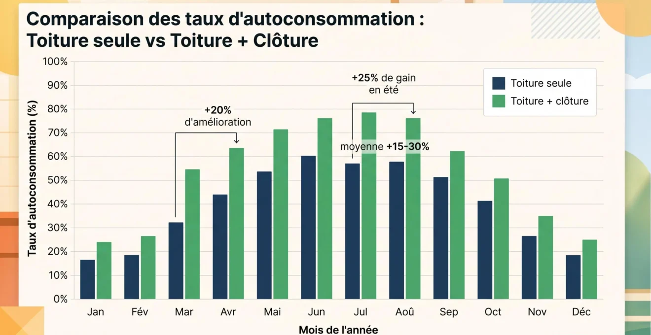 Graphique comparatif montrant l'évolution du taux d'autoconsommation sur 12 mois : toiture seule (bleu) versus toiture plus clôture solaire (vert), avec gains visibles de 15 à 30 pourcents