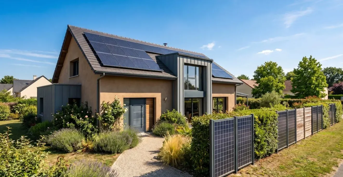 Maison périurbaine avec double installation photovoltaïque : panneaux solaires en toiture et clôture solaire le long du jardin sud sous ciel ensoleillé
