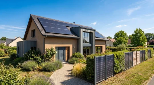 Maison périurbaine avec double installation photovoltaïque : panneaux solaires en toiture et clôture solaire le long du jardin sud sous ciel ensoleillé