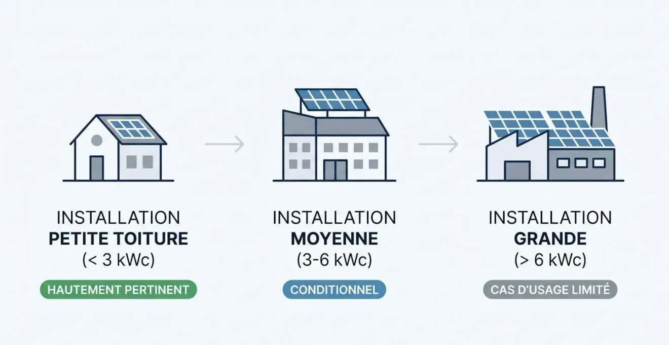 Schéma décisionnel horizontal montrant trois scénarios d'installation selon puissance toiture : moins de 3 kWc (clôture très pertinente), 3 à 6 kWc (conditionnelle), plus de 6 kWc (usage limité)
