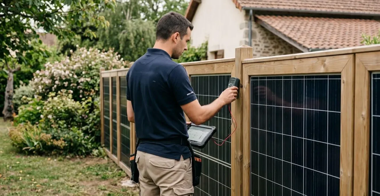 Technicien certifié RGE inspectant des panneaux solaires intégrés dans une clôture moderne lors d'une intervention de maintenance dans un jardin résidentiel