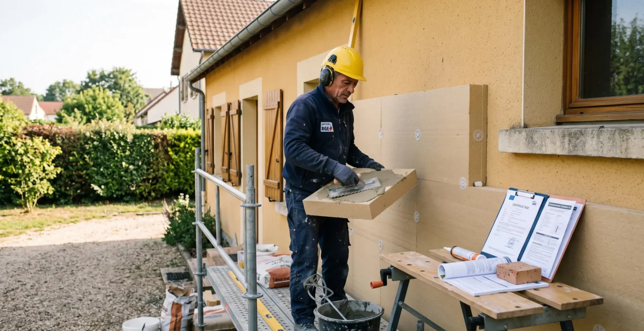 Artisan certifié RGE posant des panneaux d'isolation extérieure sur la façade d'une maison individuelle.