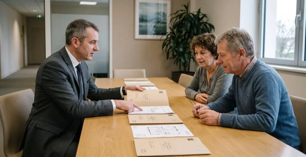 Conseiller bancaire présentant des dossiers dans un ordre précis à un couple autour d'une table dans une agence. Conseiller bancaire présentant des dossiers dans un ordre précis à un couple autour d'une table dans une agence.