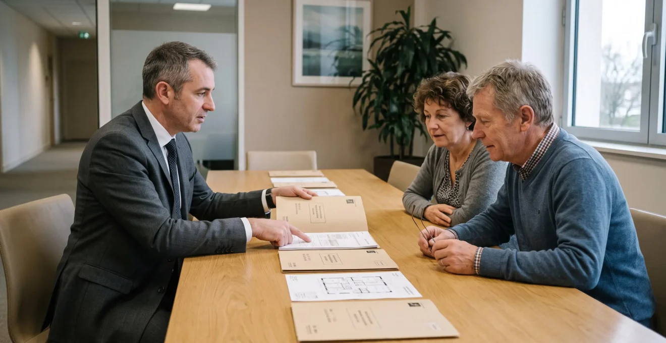 Conseiller bancaire présentant des dossiers dans un ordre précis à un couple autour d'une table dans une agence.