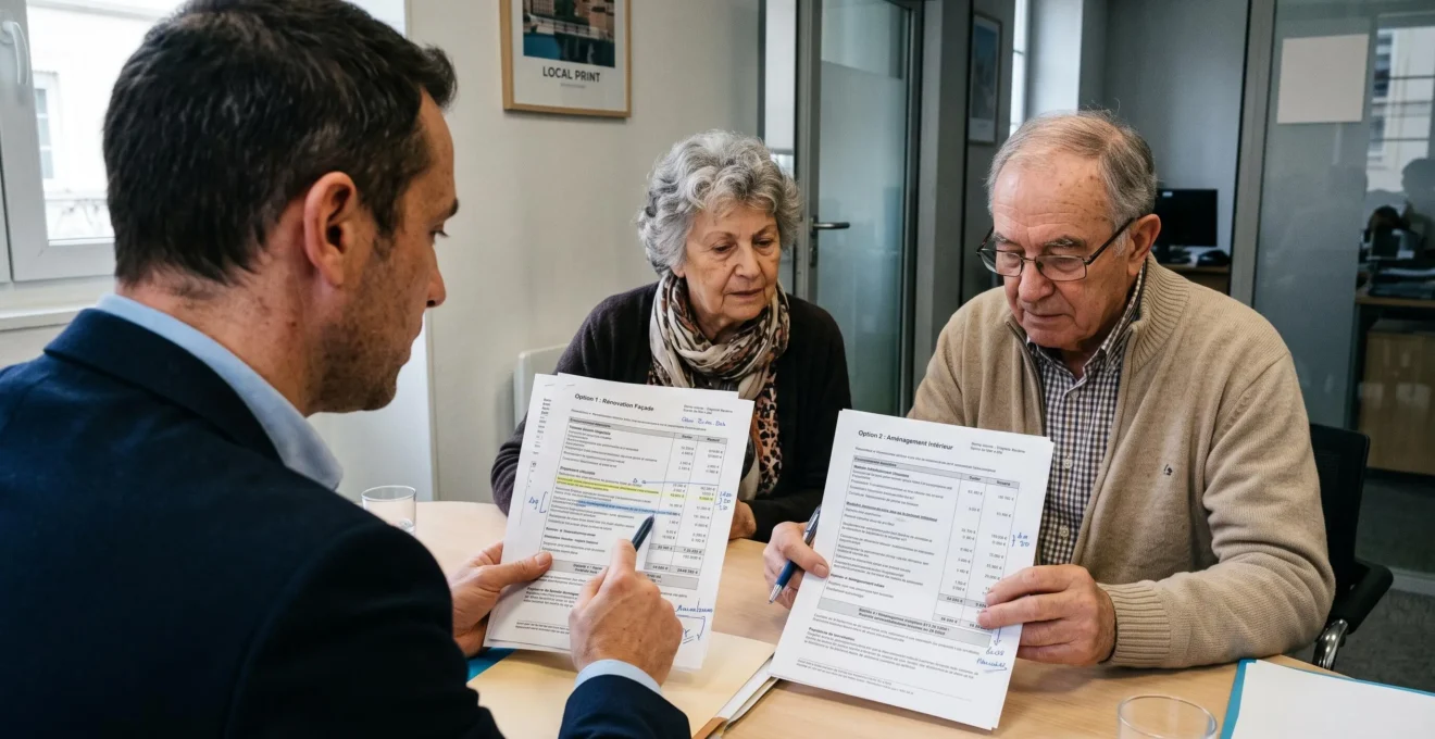 Couple sénior comparant avec un conseiller deux dossiers de financement posés séparément sur une table.