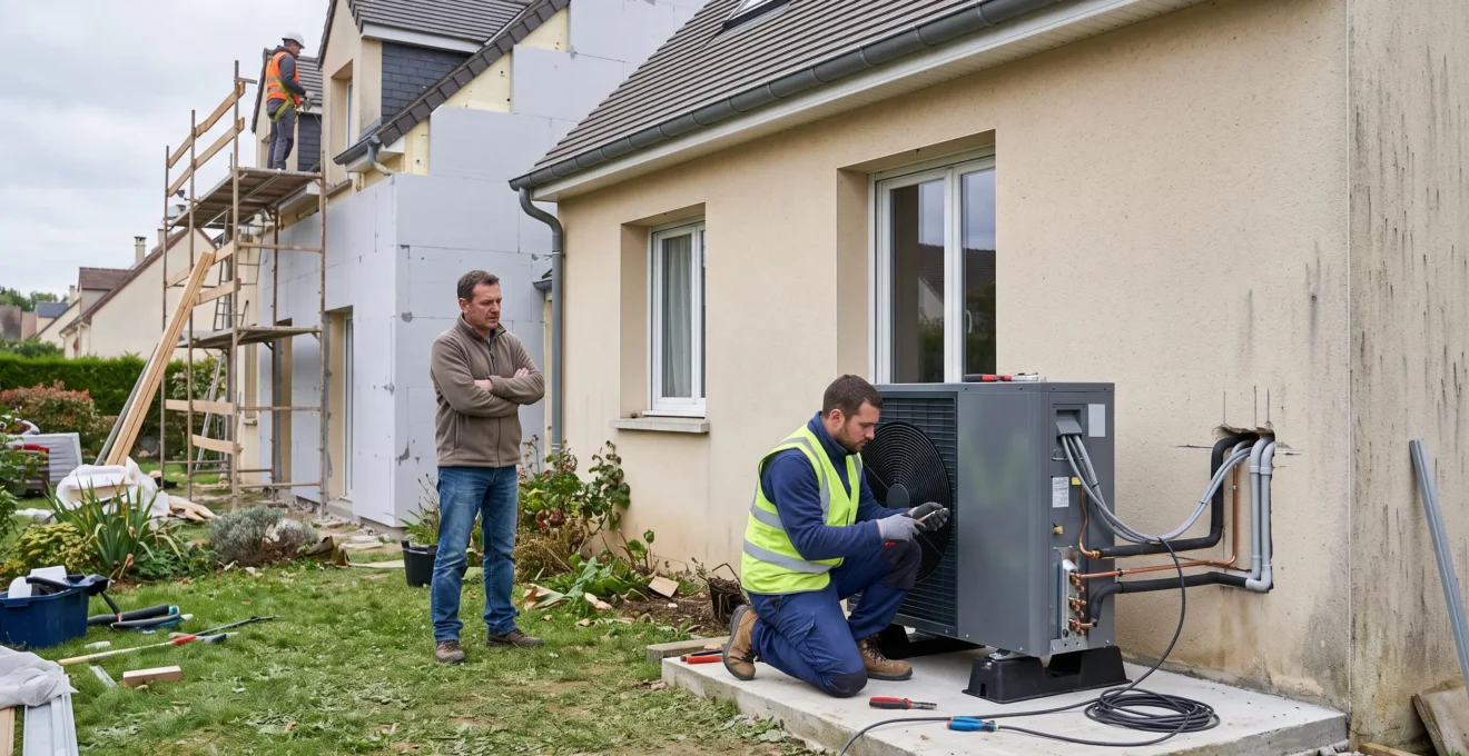 Technicien installant une pompe à chaleur devant une maison française en rénovation énergétique, observé par le propriétaire.
